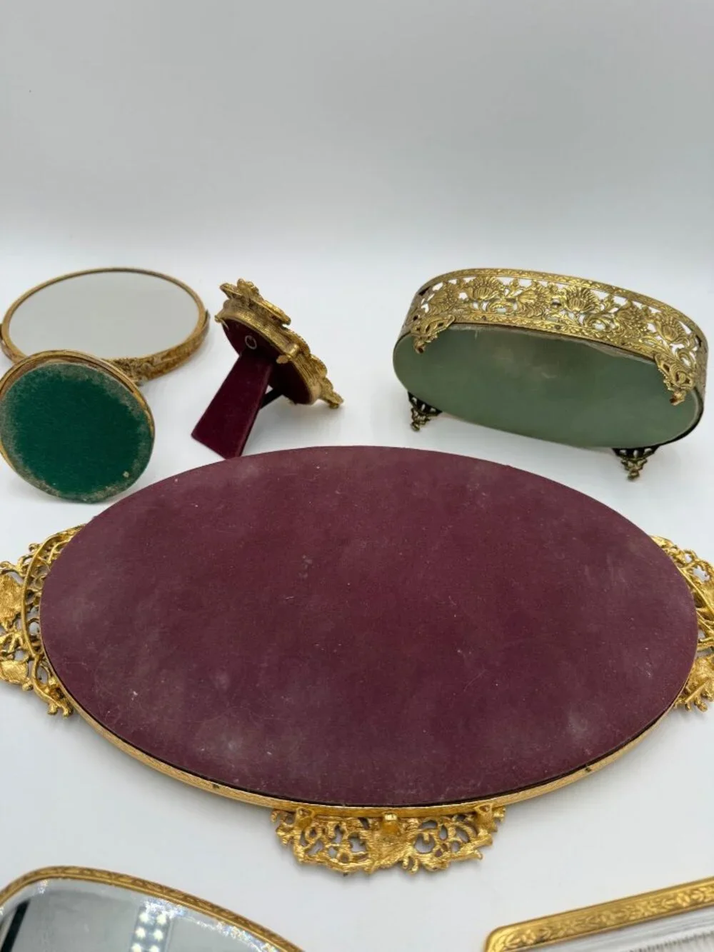 Vintage Gold Vanity Set With Hand Mirror Comb Brush Tray Jewelry Box & Small Fra